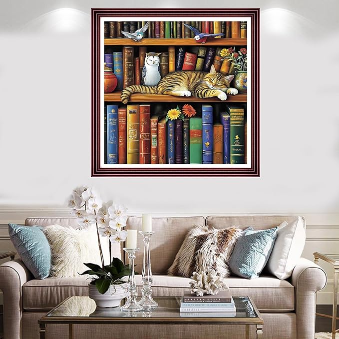 Redxing Stamped Cross Stitch Kits Full Range of Embroidery Starter Kits- Needlepoint Counted Cross Stitch Kits for Beginner Adults 11CT Printed Embroidery Kit-cat Sleeping in on Bookshelf 18x18 inch