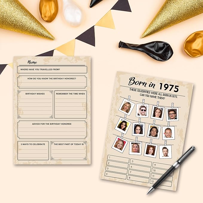 QUPT 50th Birthday Party Games,Set of 5 Activities for 10 Guests, Born in 1975 Games Bundle, Birthday Party Supplies for Adults, Pack of 50 Cards