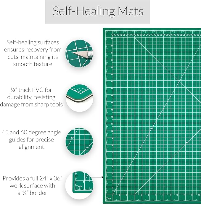 WA Portman Self Healing Cutting Mat & Rotary Cutter for Fabric Set – 24x36 Sewing Cutting Mats for Crafts with 45mm Fabric Cutter Wheel & 5 Rotary Blades – Quilting & Sewing Supplies Kit