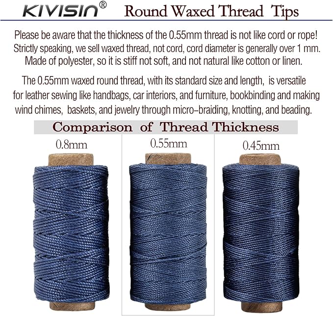 Round Polyester Waxed Thread 0.55mm, 12 Neutral Colors 76 Yards/Spool Wax Coated String Thin Cord for Leather Upholstery Sewing, Stitching, Bookbinding, Beading, Micro Knotting and Braiding