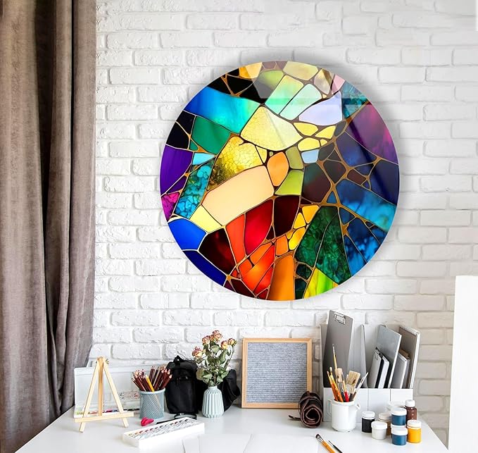 My Photostation.com 31.5''(80cm) Diameter Multicolor Round Stained Glass Wall Art Vibrant Mosaic Abstract Panel Tempered Glass Printing Wall Decor Large Wall Art Wall Hangings