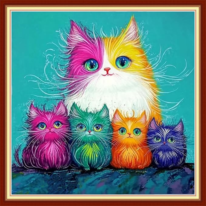 Foxhool Beginners Cross Stitch Kits Stamped Full Range of Embroidery Kits for Adults DIY Cross Stitches kit Embroidery Patterns for Needlepoint kit-Colorful Cat Family 18x18 inch