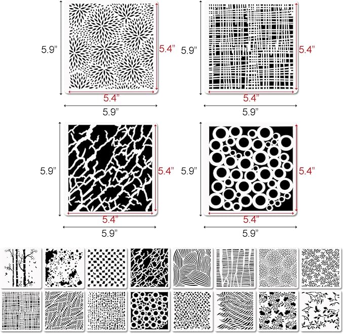 16 Pcs Layering Stencils for Painting - 6"x6" Mixed Texture Trees, Flowers, Leaves, Dots, Checkered, Buffalo Crackle, Splatter Stencils for Canvas, Mix Media Spray Paint