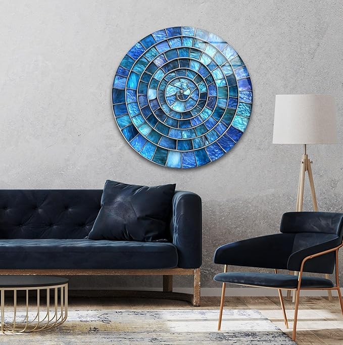 My Photostation.com 10''(25cm) Diameter Blue Aqua Spiral Harmony Round Glass Wall Art Tempered Glass Printing Wall Decor Large Wall Art Wall Hangings