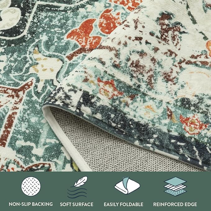 Lahome Boho 8x10 Rugs for Living Room, Teal Washable Rugs for Bedroom Aesthetic Large Dining Room Rug, Large Bohemian Printed Non-Slip Low Pile Throw Playroom Carpet for Kids Room Nursery Office