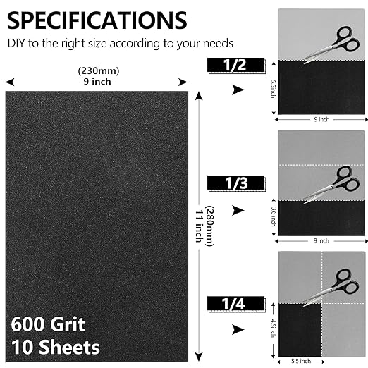 600 Grit Sandpaper, 9 x 11 Inch Wet Dry Sand Paper Hand Abrasive Sanding Sheets for Wood Metal Automotive Sanding and Polishing - 10 Sheets