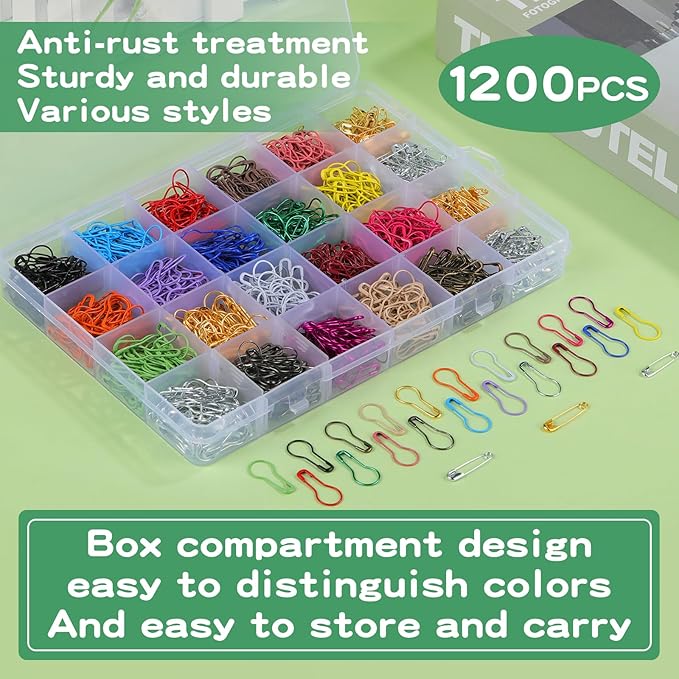 1200 Pcs 22 Colors Metal Safety Pins,Bulb Gourd Pins Pear Shaped Pins for Knitting Stitch Markers, Sewing Clothing DIY Craft Making with Storage Box
