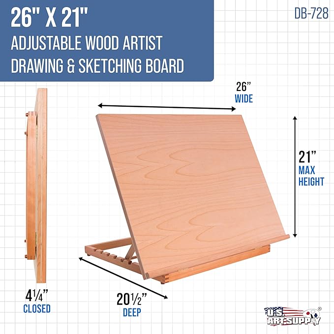U.S. Art Supply X-Large 26" x 21" Adjustable Wood Art Drawing Board - 6 Angles, Beechwood Construction, Pencil Ledge, 24" T-Square - Ideal for Design, Drafting & Architecture Work