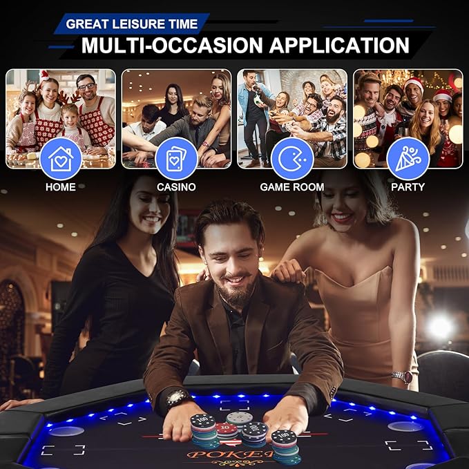 LED Poker Table Foldable, Octagon Casino Leisure Gamimg Table for 8 Player, Folding Texas Holdem Blackjack Table w/Built-in LED Light, Padded Rails & Cup Holders for Home Game Room
