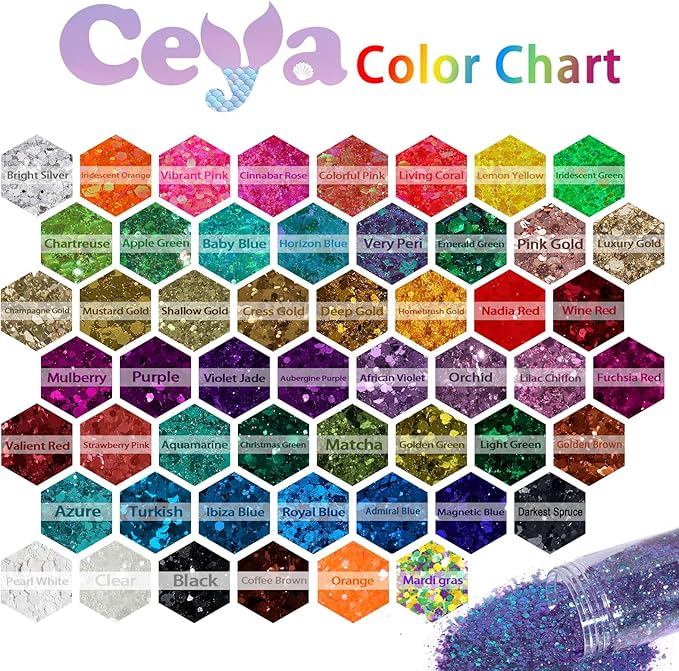 Ceya Chunky Glitter, 4.9oz/ 140g Mardi gras Craft Glitter Powder Mixed Fine Flakes Iridescent Nail Sequins for Halloween Pumpkin, Nail Art, Hair, Epoxy Resin, Tumblers, Slime, Painting, Festival Decor