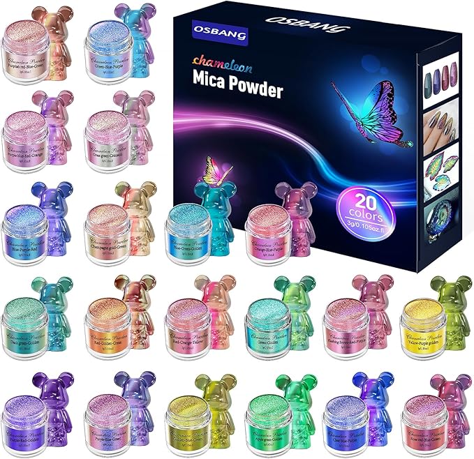 20 Colors Chameleon Mica Powder, 20 * 3g Color Shift Resin Pigment Powder for Epoxy Resin, Painting, Soap Making, Bath Bombs, Candle Making, Slime, Jewelry DIY Accessories(0.1oz/jar)