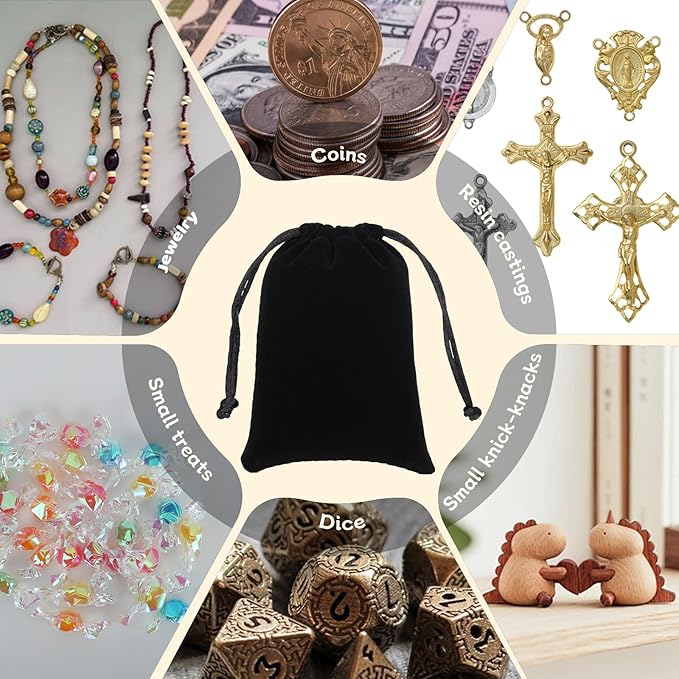 Velvet Drawstring Jewelry Bag, 50Pcs Black Coin Pouch, 3x4 Dice Bag, Or Wrapping Halloween Party Favors, Small Jewelry, Small Bussiness, Palm Crosses, Chains, Bracelet, For Church