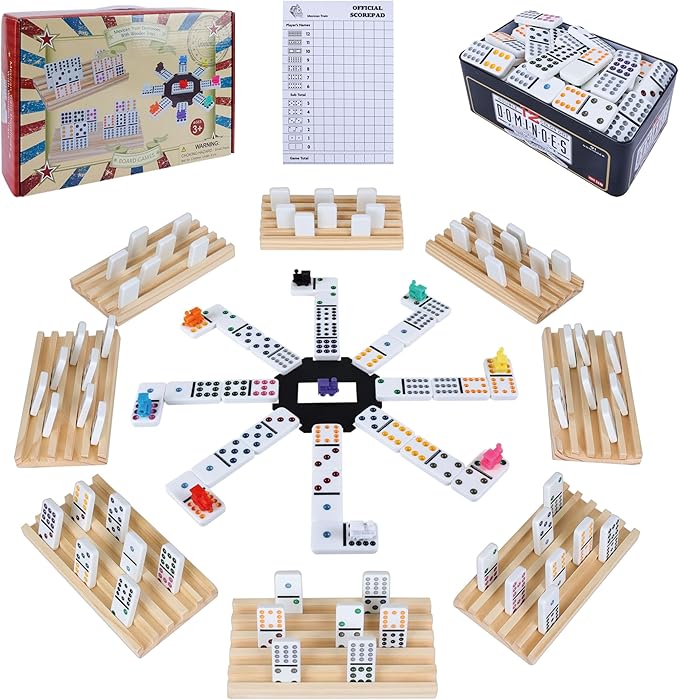 Double 12 Mexican Train Dominoes Set for Adults with 8PCS Wooden Holders, 9 Train Markers, 91 Color Dot Tile Dominos in Tin Box & Hub - Classic Family Board Game Set Party Toy Gift for Kids