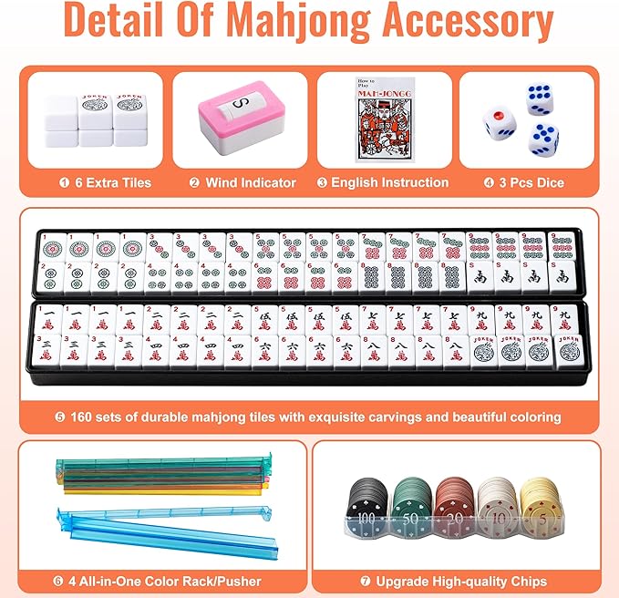 American Mahjong Tile Set,166 Premium White Tiles, 4 All-in-One Color Racks With Pushers, Mahjong Game Set With Large Capacity，Durable，Eco-Friendly Canvas Bag (Mah jongg Set，Mahjong Set Complete)