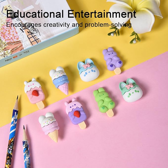 HILAZA 16 Pcs Ice Cream Erasers for Kids, Cute Animal Erasers for Girls, Cool Fun Puzzle Food Erasers for Ice Cream Themed Party Favors