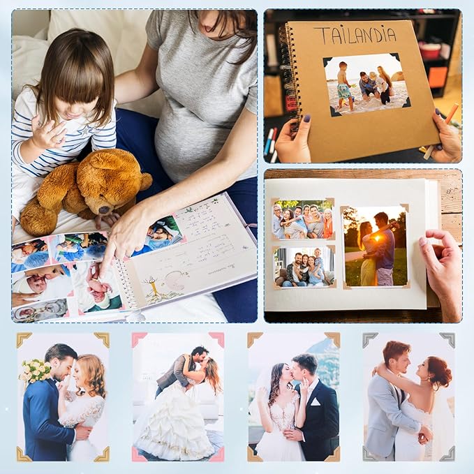 GOONAVI 15 Sheets 360 PCS Cowhide Photo Corners Notebook, Self-Adhesive Corners for DIY Album Journal, Corner Stickers for Trip Memory Book