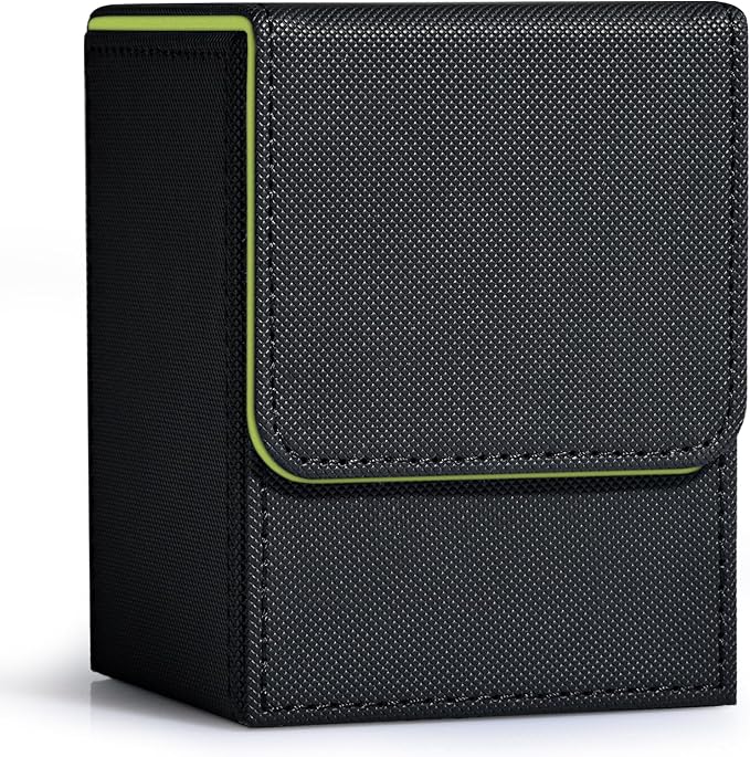 ZLCA Card Deck Box for Trading Cards, MTG YuGiOh Deck Case Holds 100+ Single Sleeved Cards, PU Leather Magnetic Card Storage Box Fits for TCG CCG Magic Game Cards (Black& Green)