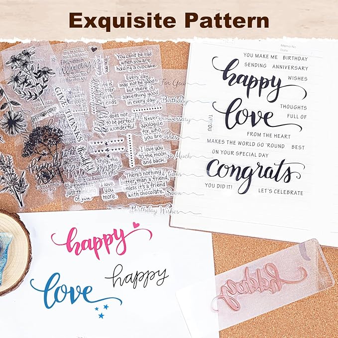 UCEC 4 Sheets Words Clear Stamps for Card Making Silicone Stamp with 2 PCS Acrylic Stamp Block for Easter Birthday Holiday Card and DIY Scrapbooking Journal(Classic)