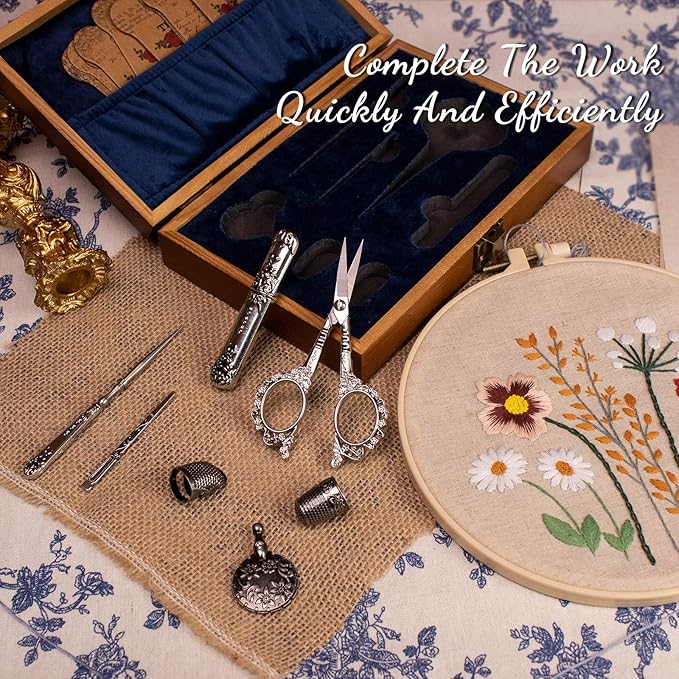 Vintage Embroidery Scissors Kit, Victorian Needlework Gift Set with Antique Shear, Thread Cutter, Thimbles, Needles, Awl, Bodkin, Winding Board for Sewing, Knitting, Cross Stitch, Quilting