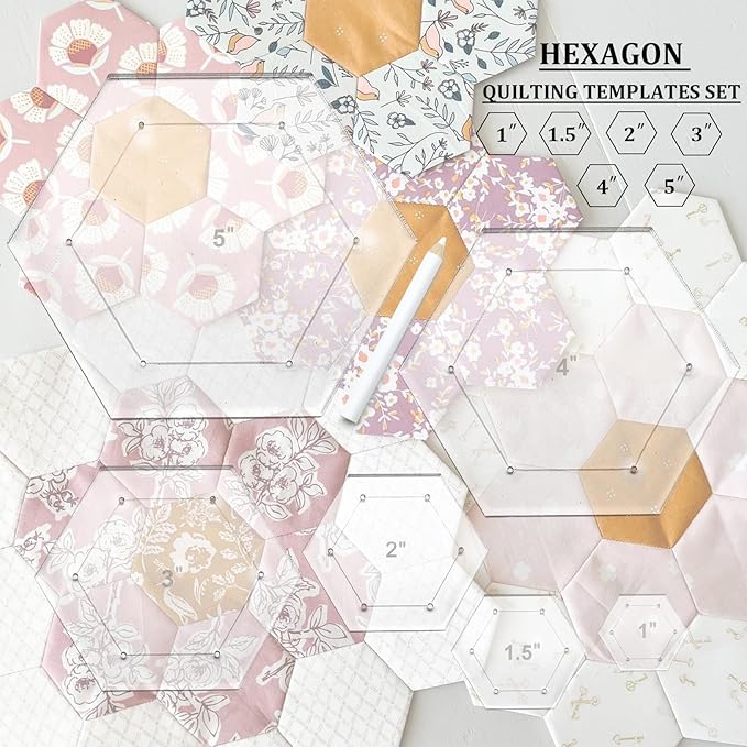 7 Pieces Hexagon Quilting Template with Tailors Chalk Pencil,Acrylic Quilting Rulers Templates with 1/4 Seam Allowance for DIY Sewing Crafts Including 1 Inch,1.5 Inch,2 Inch,3 Inch,4 Inch,5 Inch