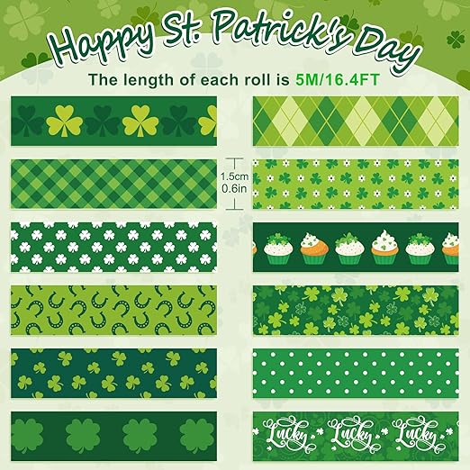 Whaline 12 Rolls St. Patrick's Day Washi Tape Green Shamrock Washi Masking Tape 15mm Clover Plaids Lucky Holiday Paper Tape Sticker for Irish Party Scrapbook Gift Packing DIY Craft Decor, 16.4Ft