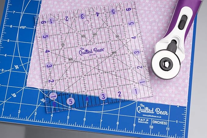 The Quilted Bear Rotating Cutting Mat 7" x 7" - Locking & Rotating Self Healing Cutting Board for Sewing, Fabric & Effortless Quilting - 360 Degree Sewing Supplies Mat for Craft Table (Blue)