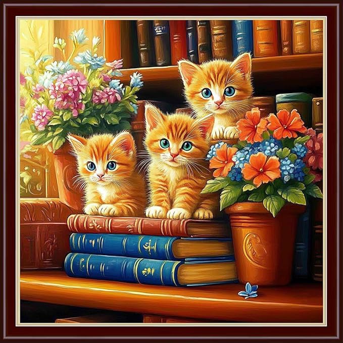 Dimensean Stamped Cross Stitch Kits Full Range of Embroidery Patterns Starter Kits for Beginners Adult or Kids DIY Cross Stitches Needlepoint Kits 11CT-Cat Flowers on The Table 18x18 inch