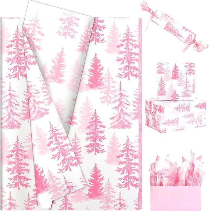 100 Sheets Christmas Tree Tissue Paper, 20x14in Forest Style Wrapping Tissue Watercolor Xmas Tree Art Tissue for Xmas Party Gift Bag Fillers Winter Party Decor (Pink)