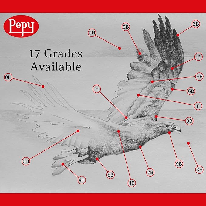 Pepy Graphite Professional Drawing Pencils - Set of 12 9B Pre-Sharpened Black Lead Pencils; Perfect for Drawing, Sketching and Shading, Graphic and Fine Art