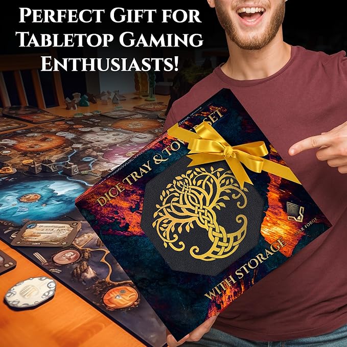 Dice Tray and Dice Tower for DND and RPG - All-in-One Game Roamer Tray & Large Tower for Random Rolls - Stores Your Sets, Mini's and More Compatible with D&D (Gold Tree)