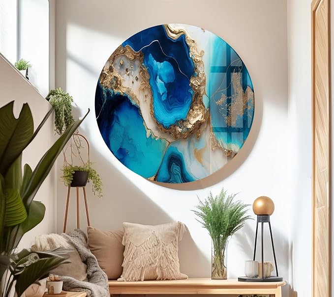 My Photostation.com Round 31,5'' Blue Alcohol ink Glass Wall ArtTempered Glass Printing Wall Decor Large Wall Art Wall Hangings