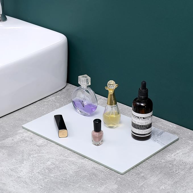 Murrey Home Glass Cutting Board for Kitchen Counter, Tempered Glass Chopping Boards Dishwasher Safe, Small Clear Countertop Tray, Scratch Resistant, Heat Resistant, Non Toxic, White Marble, 16"x12"