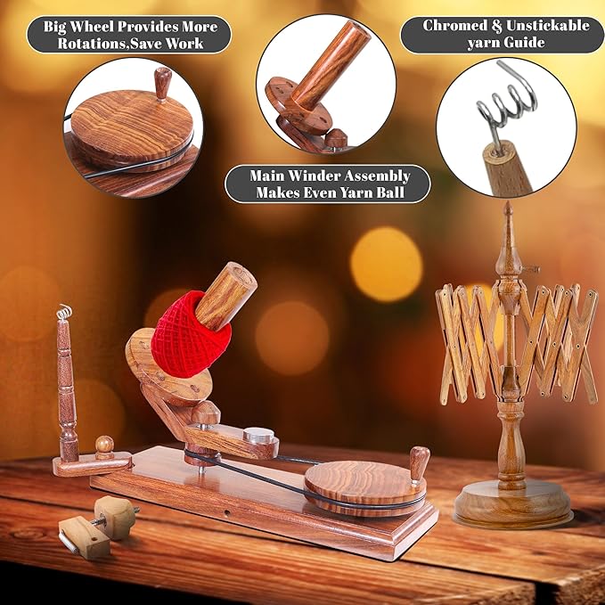 Large Handcrafted Wooden Yarn Winder & Swift – Rosewood Brown Ball Winder for Crocheting, Knitting, Weaving – Heavy-Duty Yarn Winder for 8-12 oz Skeins