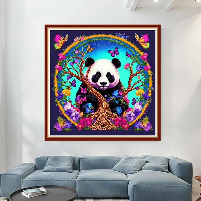 Dimensean Stamped Cross Stitch Kits Full Range of Embroidery Patterns Starter Kits for Beginners Adult or Kids DIY Cross Stitches Needlepoint Kits 11CT-Panda Flower 17.7x17.7 inch