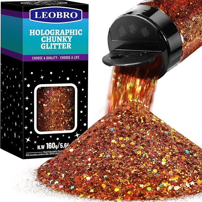 LEOBRO Brown Glitter, 160G/5.64OZ Holographic Chunky Glitter for Crafts, Resin, Body Nail Face Hair, DIY Decorations