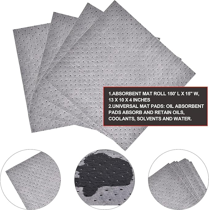 PONO Premium Polypropylene 150' L x 15" W Absorbent Mat Roll Gray Heavy Weight Oil Absorbing Mats Universal Oil for Absorbing Oils, Water, Solvents, Coolants and More