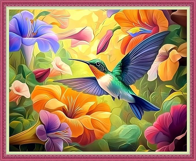 Disnesart Cross Stitch Stamped Full Embroidery Kits DIY 11CT Cotton Thread Printed DIY Needlepoint Kits Craft Needlework Set Cross-Stitch Stamped Sets-Colorful Flower Hummingbird 16x20 inch