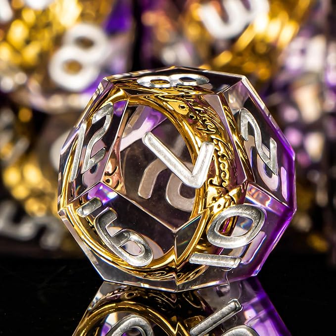 OUKELANWO Magic Lord Rings DND Dice Set with Box, 7Pcs Resin LOTR D&D Dice Set for Role Playing Game, Purple Dungeons Dragons D and D Sharp Edge Dice D20 D12 D10 D8 D6 D4