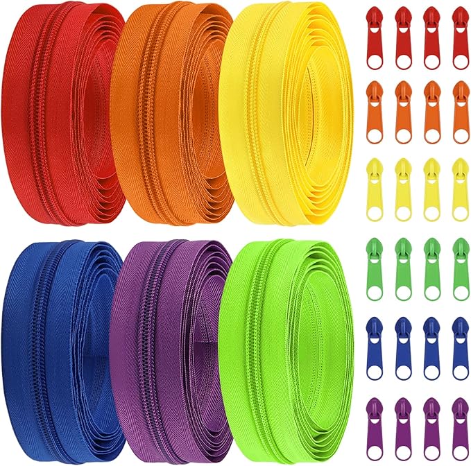 DOITEM 13.5 Yards 6 Pieces Sewing Zippers #5 Nylon Coil Zippers Assorted Zipper for Sewing with 24 Zipper Sliders for DIY Tailor Sewing Crafts Supplies, 6 Colors