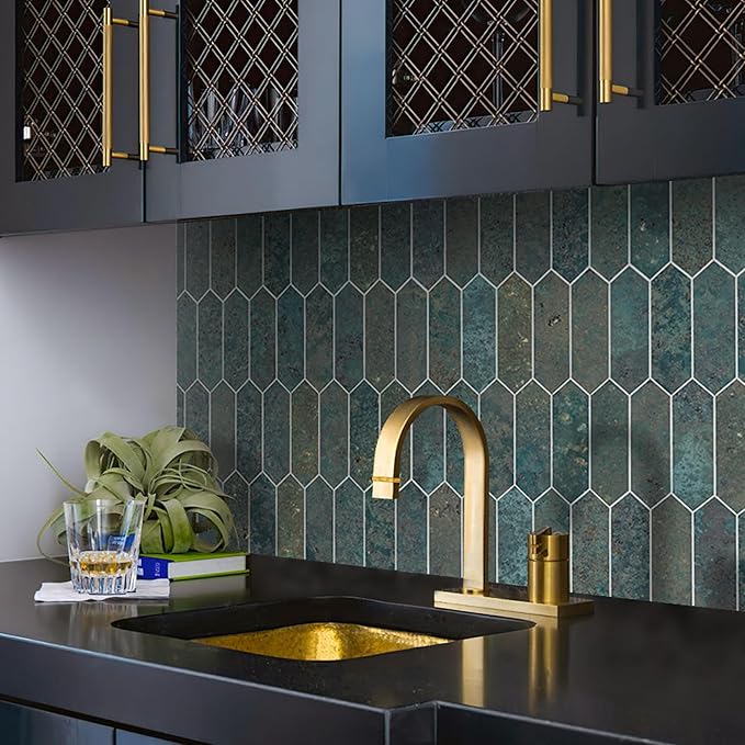SUNWINGS Backsplash Tile for Kitchen Peel and Stick, Stone Composite Self Adhesive Tiles Faux Marble Pattern Long Hexagon Mosaic Wall Tile for Kitchen, 12 Inch x 11.22 Inch 10 Sheets Green