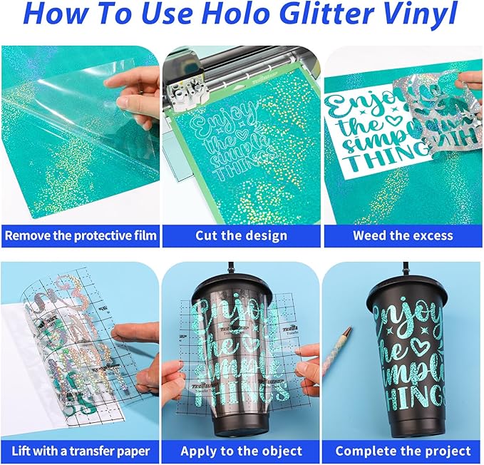 GIRAFVINYL Holographic Glitter Permanent Vinyl Bundle, 9 Assorted Colors 12-Inch Sheets, Glitter Vinyl Permanent Self-Adhesive Durable for Indoor/Outdoor Crafts, Easy to Cut/Weed with Protective Film