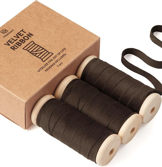 Vitalizart Brown Velvet Ribbon Set 3/8" x 15 Yd Wooden Spool Fabric Trim 3 Rolls * 5 Yd for Christmas Wreath Decoration Handmade Craft Ornaments Gift Wrapping & Bow Making