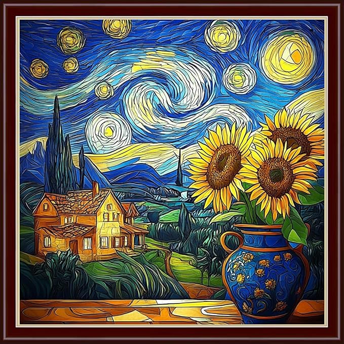 Dimensean Stamped Cross Stitch Kits Full Range of Embroidery Patterns Starter Kits for Beginners Adult or Kids DIY Cross Stitches Needlepoint Kits 11CT- Van Gogh Starry Sky Sunflower 18x18 inch