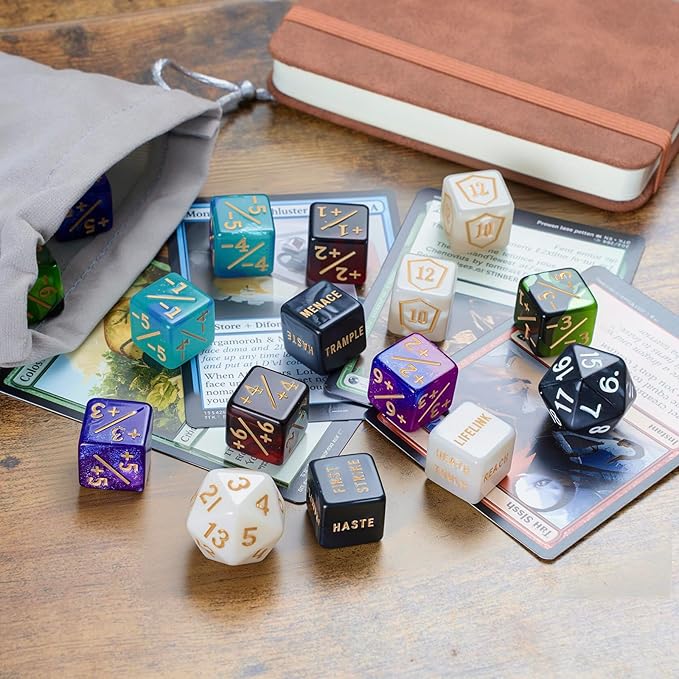 62 PCS MTG Dice Counters Set Keyword Tokens Abilities Life Counter 1/+1 counters Commander Buff Tokens Gold 6 Sided Dice Set for MTG, TCG, Card Games