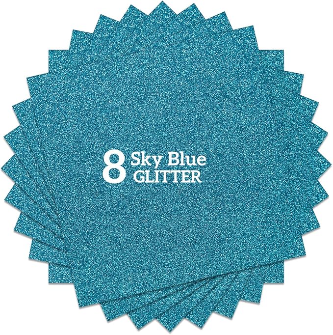 Sky Blue Glitter HTV Heat Transfer Vinyl Bundle 8 sheets-12 x12 Iron on Vinyl for T Shirts Hats Clothing Compatible with Cricut Cameo Heat Press Machine