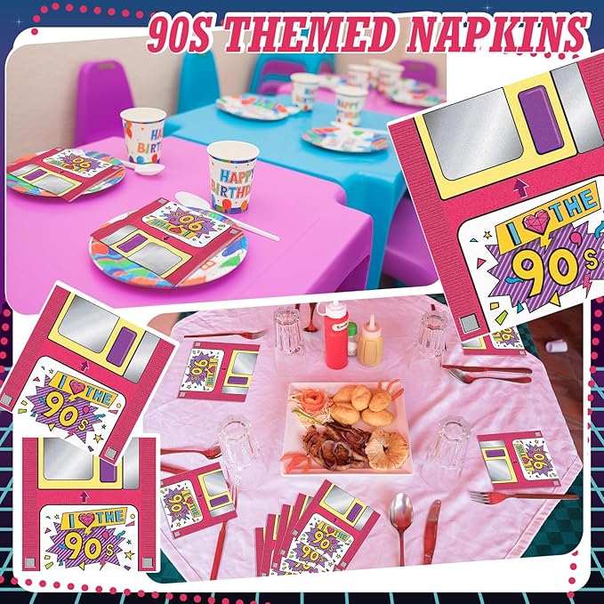 60 Pcs 90s Cocktail Paper Napkins 6.5 x 6.5 Inches Disposable Paper Napkins Dessert Beverage Napkin for Decoupage Luncheon Napkin for Party Wedding Birthday Party