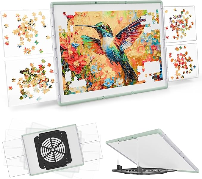 1000 Pieces Puzzle Board 3-in-1 Double-Sided & Rotating & Tilting, Plastic Puzzle Table with Sorting Boxes and PVC Cover, Portable Lazy Susan Jigsaw Puzzle Board for Adults, Gray Green