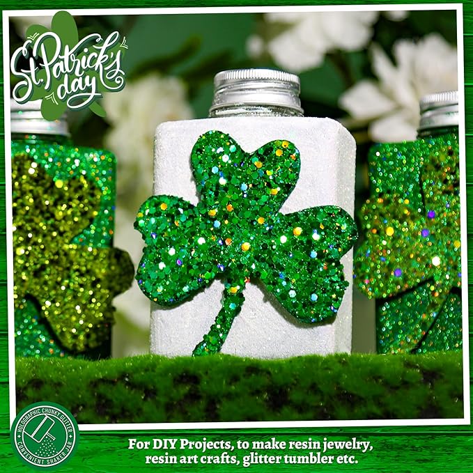 LEOBRO Green Glitter, 160g/5.64oz Holographic Chunky Glitter for Crafts, Resin, Nail Body, Tumblers, Party Decorations