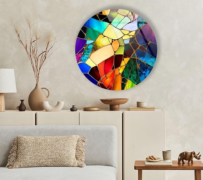 My Photostation.com 39,4''(100cm) Diameter Multicolor Round Stained Glass Wall Art Vibrant Mosaic Abstract Panel Tempered Glass Printing Wall Decor Large Wall Art Wall Hangings
