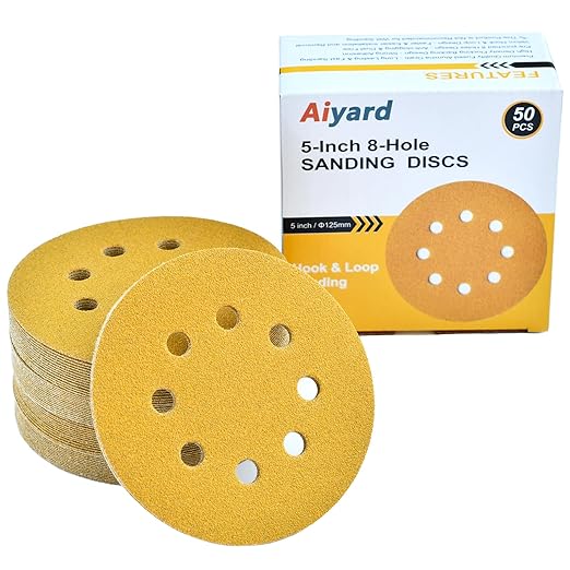 5-Inch 8-Hole Hook and Loop Sanding Discs 100-Grit Random Orbit Sandpaper, 50-Pack